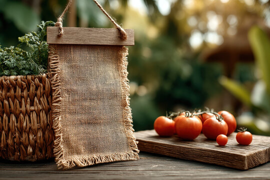Rustic wooden table with basket of fresh vegetables and empty burlap cloth space