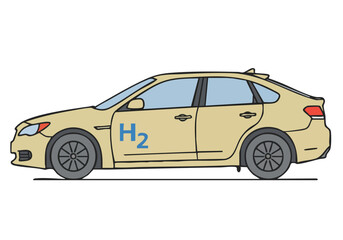 A modern, stylized illustration of a yellow hydrogen car driving. Clean lines, minimalist design, and ?H2? branding. Suitable for eco-friendly concepts and automotive visuals.