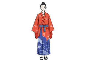 stylish Japanese woman in a vibrant kimono stands proudly The design features a striking red and blue pattern Perfect for cultural themes and Pride celebrations Clear modern illustration