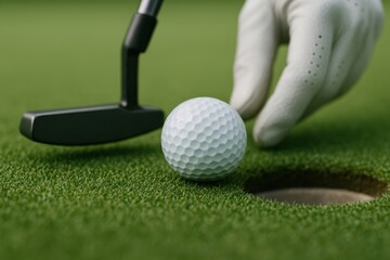 A close-up view of a golf scene, featuring a putter next to a white golf ball on green grass, with a golf hole visible in the background. A hand wearing a golf glove is positioned near the ball.