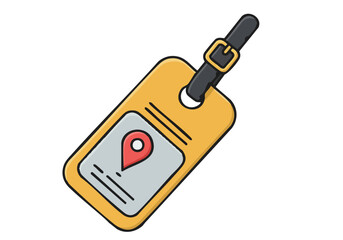 A stylized tag with a location pin. Clean, modern design. Ideal for travel, tracking, or identification. Bright yellow and black color scheme.