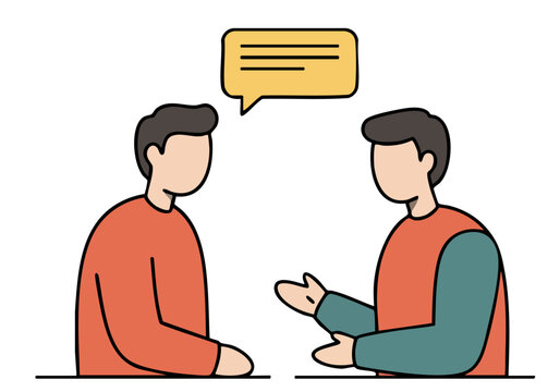 Two men engage in a supportive conversation. A speech bubble illustrates active listening and care. Clean, modern illustration style.