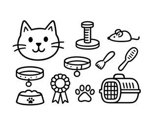 Vector Cat essentials: carrier, collar, mouse toy, grooming tools, food bowl, paw print, award ribbon