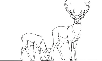 One Line Style Deer Family Graphic - Simple Botanical Animal Art