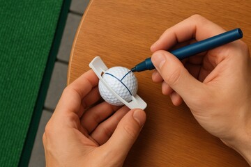 A person is using a blue marker to draw a line on a golf ball that is placed in a white alignment tool, with a wooden table and green turf in the background.