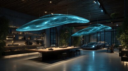 Futuristic laboratory with holographic prototypes floating above a sleek table