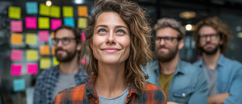 Startup team brainstorming in modern office with clear glass wall for text