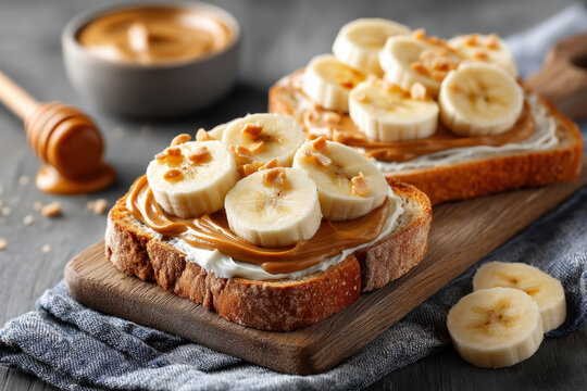 Peanut butter and banana toast on wooden table with copy space