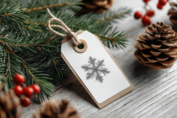 Christmas wreath with blank tag on wooden surface for holiday decoration mockup