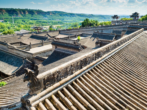 Traditional Chinese tiled roofs at the historic Wang Family Courtyard near Pingyao, Shanxi Province, China 