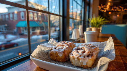 Fresh cinnamon rolls on caf? table by window with blurred street background