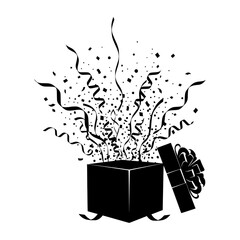 Open gift box silhouette with black confetti and ribbons exploding from inside isolated on white background