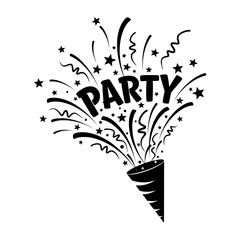 Party popper silhouette with festive stars and confetti bursting out isolated on white background