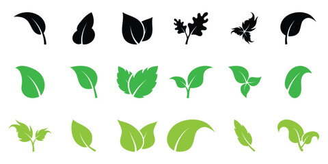 Leaf sprout icon vector set. Green leaves plant eco logo symbol simple graphic illustration set, vegan fresh herb pictogram shape sign, organic natural healthy logotype.
