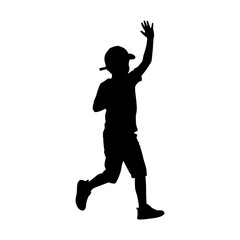 Running boy silhouette waving hand high, wearing shorts and cap, isolated on white background