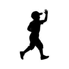 Running boy silhouette waving hand wearing cap isolated on white background
