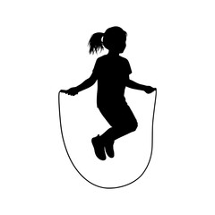 Silhouette of a girl jumping rope, active child exercising, black and white vector graphic illustration