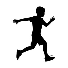 Silhouette of a boy running dynamically, full body vector graphic isolated on white background