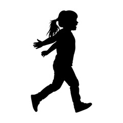 Silhouette of a little girl joyfully running with arms outstretched ponytail and casual clothing isolated on white background