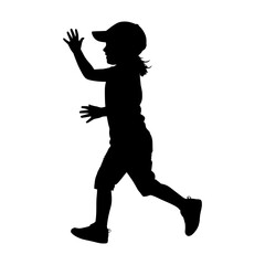 Silhouette of a girl running wearing a cap, dynamic pose, black and white vector graphic, isolated on white background