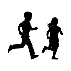 Silhouette of boy and girl running playfully isolated on white background, dynamic action vector graphic