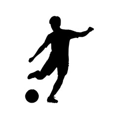 Soccer player silhouette kicking a ball dynamic action pose isolated on white background