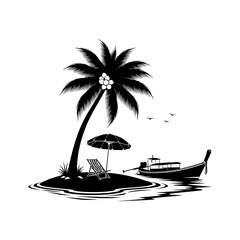 Tropical island silhouette with palm tree, beach chair, umbrella, and longtail boat on a white background