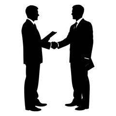 Two businessmen shaking hands black silhouette vector graphic isolated on white background representing a business deal or agreement