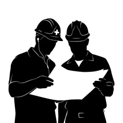Two construction workers in hard hats reviewing blueprints together a black silhouette vector graphic