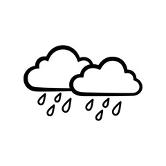 Two clouds silhouette with rain drops falling down isolated on white background simple weather icon graphic design element