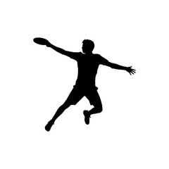 Ultimate Frisbee player silhouette jumping high to throw the disc during a game, isolated on white background