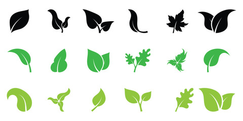 Leaf sprout icon vector set. Green leaves plant eco logo symbol simple graphic illustration set, vegan fresh herb pictogram shape sign, organic natural healthy logotype.