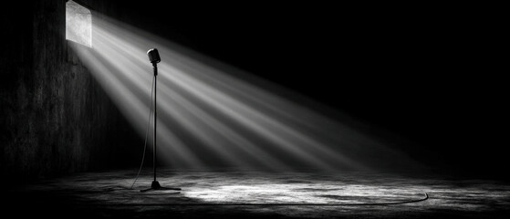 Obraz premium Minimalist empty stage with microphone stand under spotlight and dark background