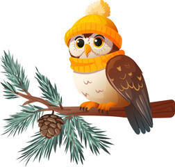Cute owl in yellow hat and scarf on fir branch
