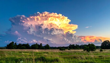 Golden-lit cloudburst over field and treeline at sunset