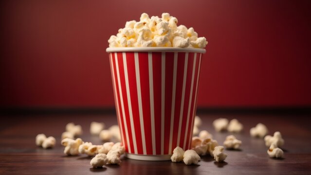 Red striped bucket overflows with fresh popcorn on a wooden table.