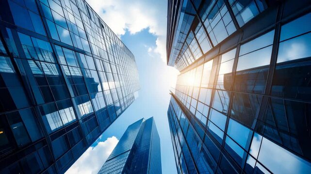 Low angle view of tall modern office buildings with blue glass facade and cloudy sky with sunlight above