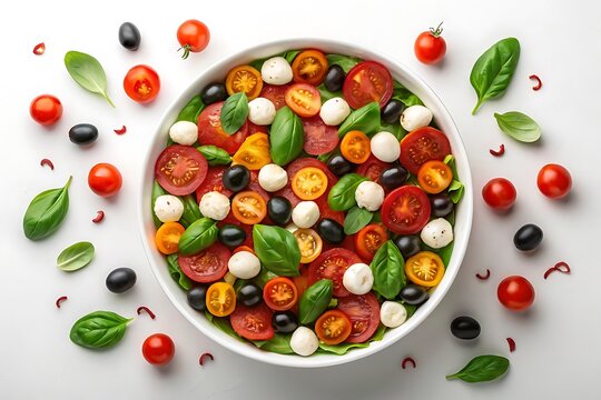 Fresh caprese pasta salad with salami cherry tomatoes and mozzarella balls delicious meal - Powered by Adobe