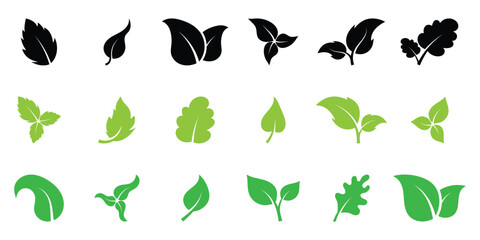 Black and green leaf icon set on white background. Vector isolated leaf icons. Nature leaf icon set. Green leaf icons set.