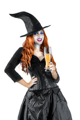 Halloween Witch drinking beer at a beer party. Female wizard fairy character. All Saints' Day....