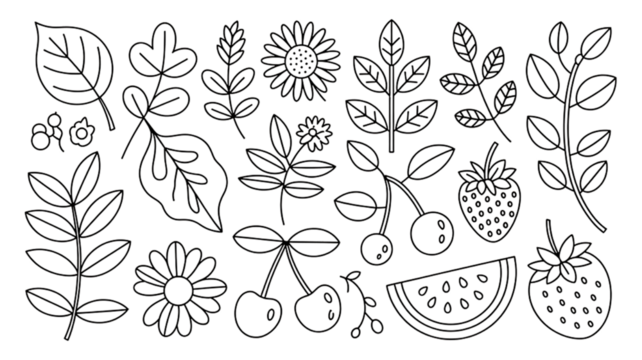 Colorful Hand Drawn Botanical and Fruit Illustration Set,Leaves, Flowers, Berries, and Summer Elements,Flat hand drawn vector illustration,seamless pattern with flowers,branch with leaves,Ai