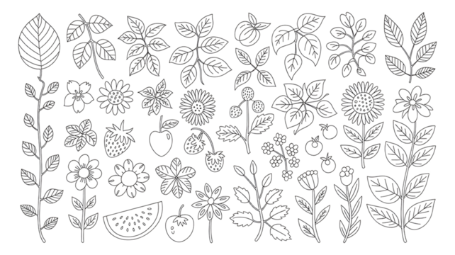 Colorful Hand Drawn Botanical and Fruit Illustration Set,Leaves, Flowers, Berries, and Summer Elements,Flat hand drawn vector illustration,seamless pattern with flowers,branch with leaves,Ai - Powered by Adobe