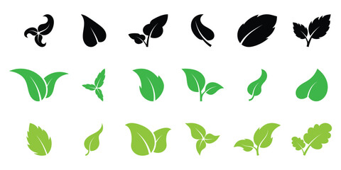 Black and green leaf icon set on white background. Vector isolated leaf icons. Nature leaf icon set. Green leaf icons set.