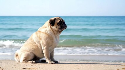 A charming pug sits on the warm sandy beach, gazing out at the gentle waves of the ocean. The sun shines brightly, creating a perfect day for a seaside adventure.
