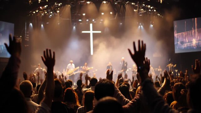 Worshippers raise hands in praise during a vibrant church service with bright lights and a large cross. High quality 4k footage