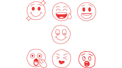 Diverse Set of Hand Drawn Emoticons in Red Ink Displaying Various Emotions and Expressions