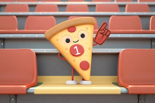 Cheesy character pizza slice cheers with foam finger in stadium seats