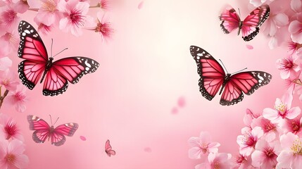Beautiful pink butterflies flying around blooming cherry blossom flowers