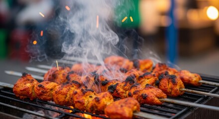 Delicious chicken tikka kebab on grill with smoke and fire in outdoor
