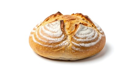Freshly baked artisan sourdough bread with golden crust and dusting of flour on white background
